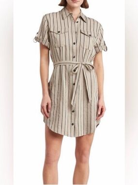 Rag & Bone Roxanne Utility Dress Linen Blend Belt Striped Beige Black